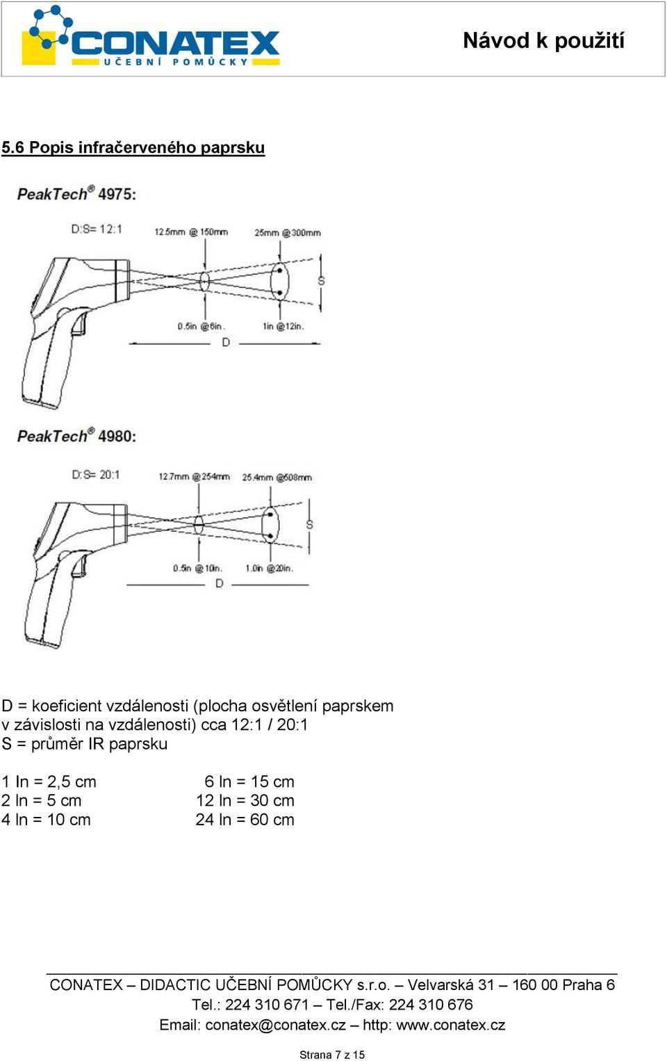 12:1 / 20:1 S = průměr IR paprsku 1 In = 2,5 cm 6 ln = 15 cm