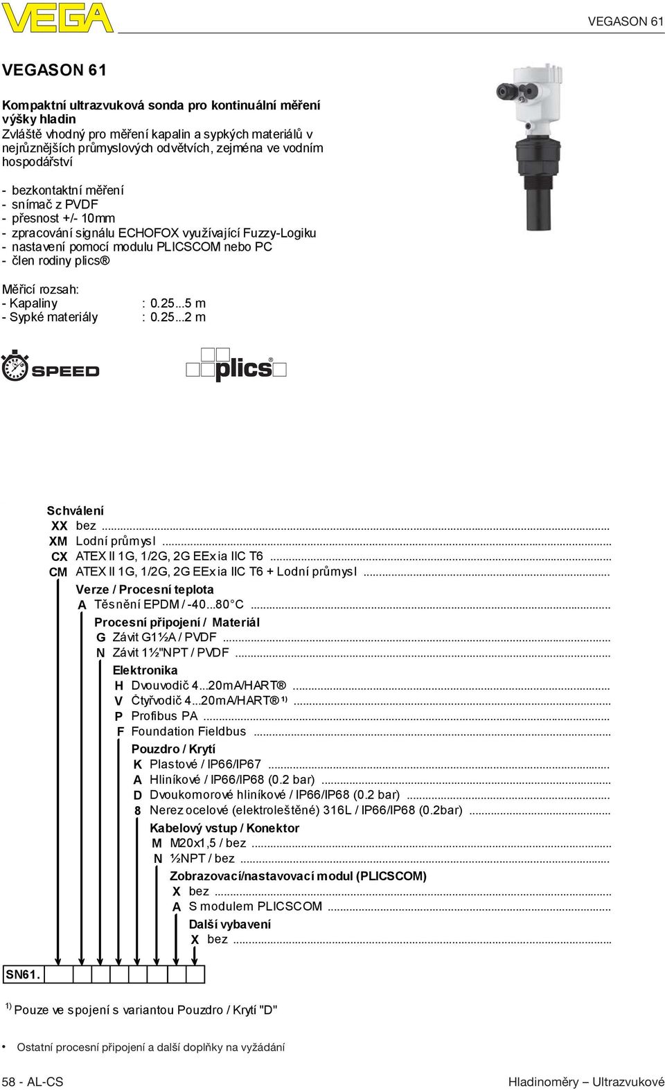 rozsah: - Kapaliny : 0.25...5 m - Sypké materiály : 0.25...2 m Schválení XX bez... XM Lodní průmysl... CX ATEX II 1G, 1/2G, 2G EEx ia IIC T6... CM ATEX II 1G, 1/2G, 2G EEx ia IIC T6 + Lodní průmysl.