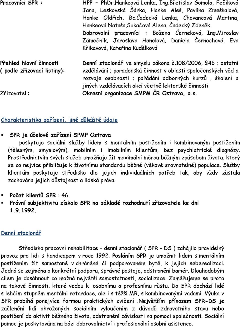 Čadecká Lenka, Chovancová Martina, Hankeová Nataša,Sukačová Alena, Čadecký Zdeněk Dobrovolní pracovníci : Božena Černeková, Ing.