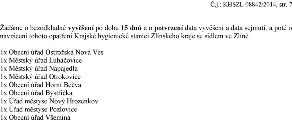 tohoto opatření Krajské hygienické stanici Zlínského kraje se sídlem ve Zlíně 1x Obecní úřad Ostrožská Nová Ves 1x