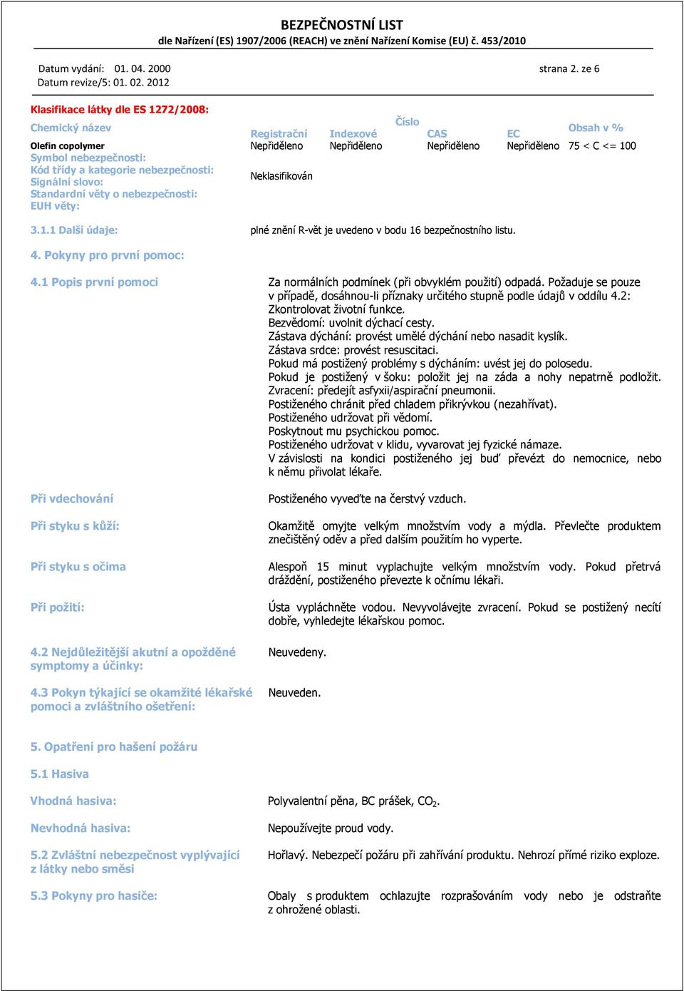 nebezpečnosti: Kód třídy a kategorie nebezpečnosti: Neklasifikován Signální slovo: Standardní věty o nebezpečnosti: EUH věty: 3.1.