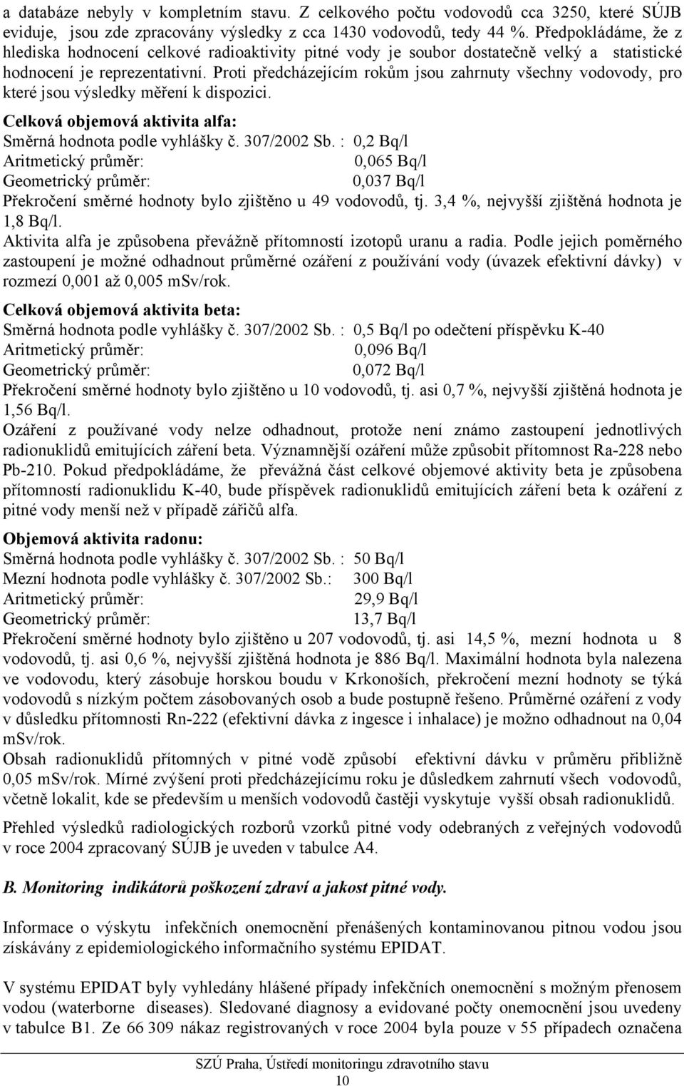 Proti předcházejícím rokům jsou zahrnuty všechny vodovody, pro které jsou výsledky měření k dispozici. Celková objemová aktivita alfa: Směrná hodnota podle vyhlášky č. 307/2002 Sb.