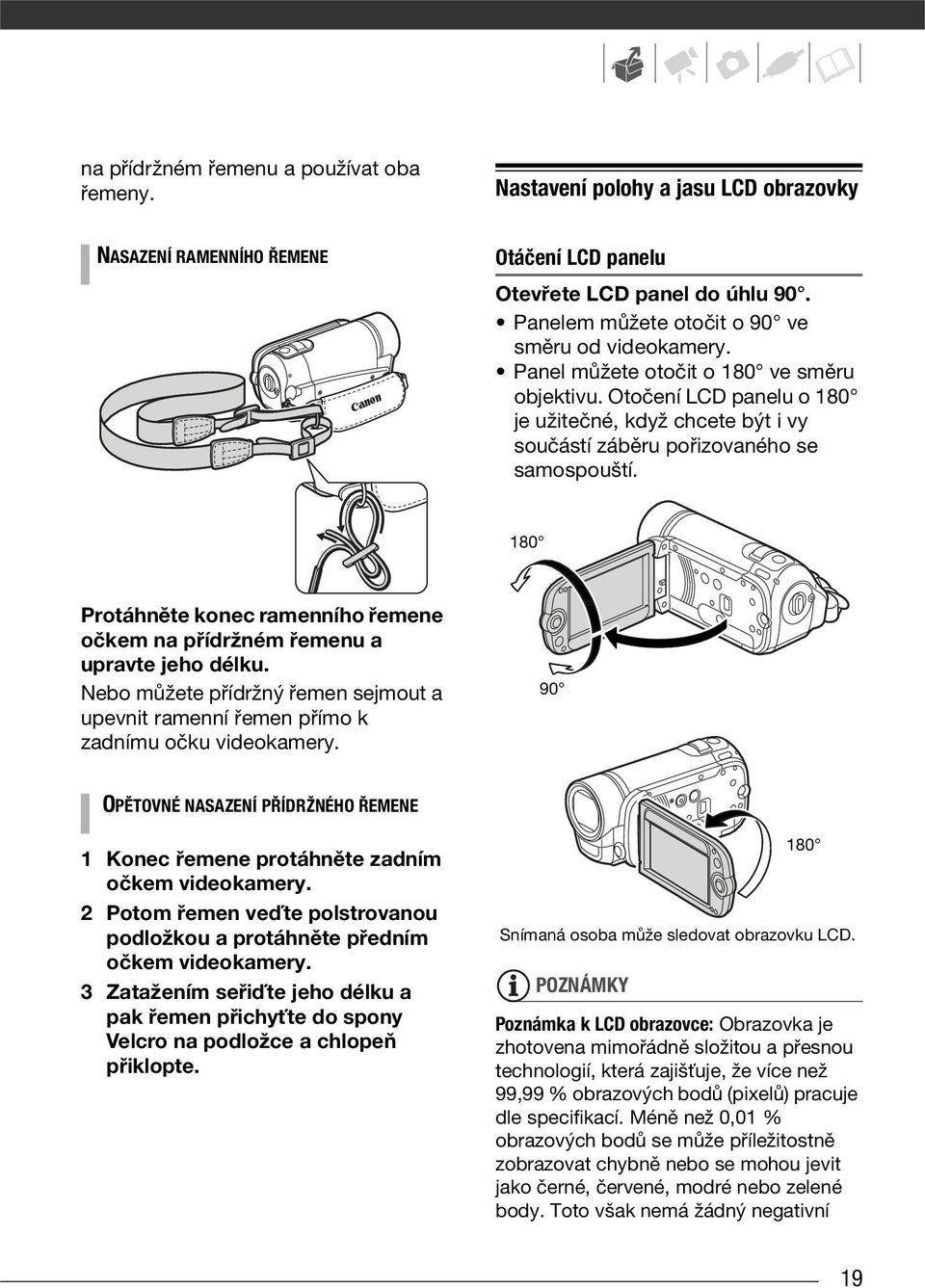 Otočení LCD panelu o 180 je užitečné, když chcete být i vy součástí záběru pořizovaného se samospouští. 180 Protáhněte konec ramenního řemene očkem na přídržném řemenu a upravte jeho délku.