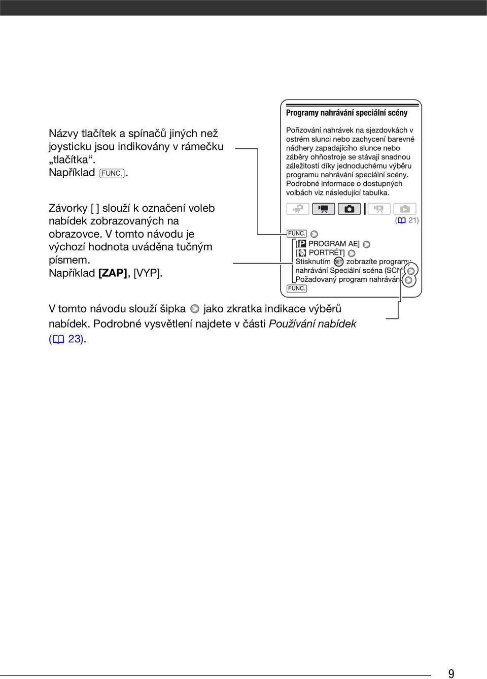V tomto návodu je výchozí hodnota uváděna tučným písmem. Například [ZAP], [VYP].