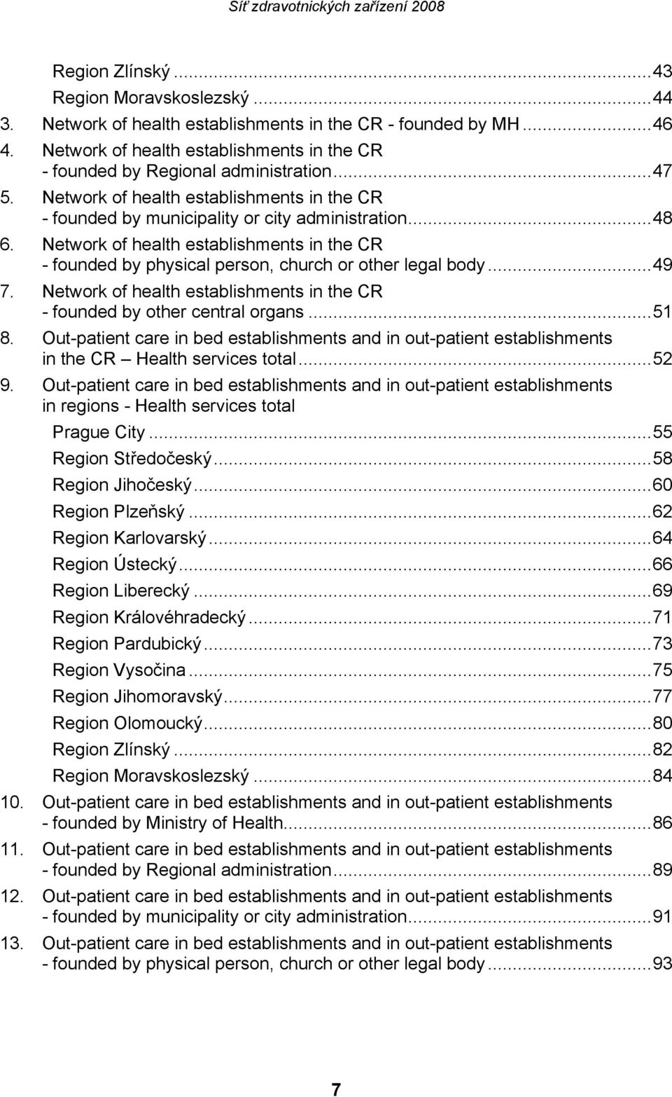 Network of health establishments in the CR - founded by physical person, church or other legal body...49 7. Network of health establishments in the CR - founded by other central organs...51 8.