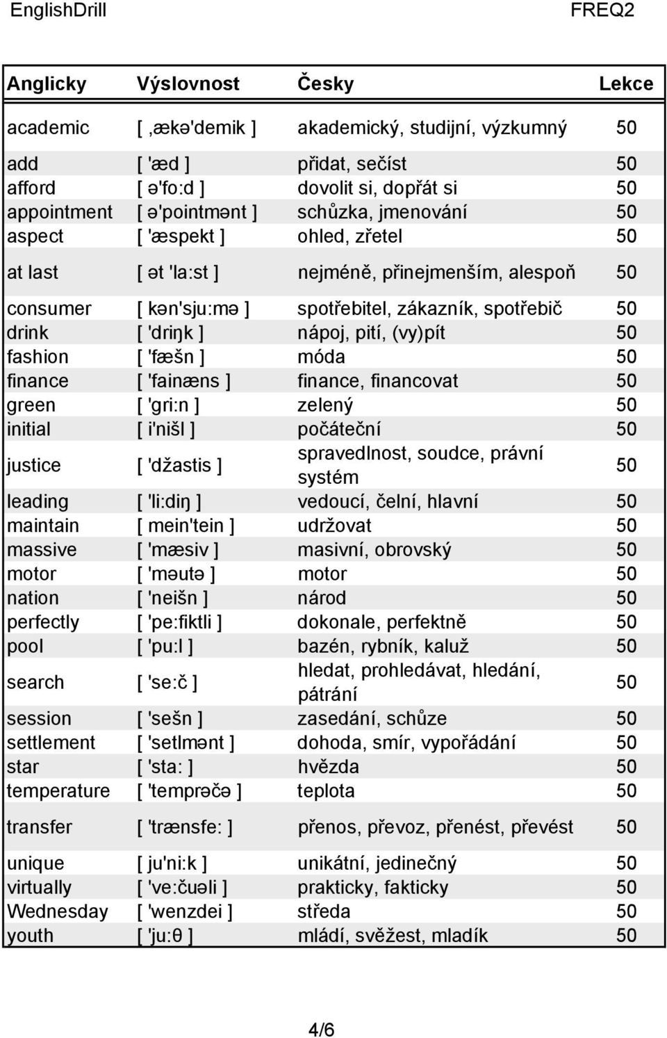 finance [ 'fainæns ] finance, financovat 50 green [ 'gri:n ] zelený 50 initial [ i'nišl ] počáteční 50 justice [ 'džastis ] spravedlnost, soudce, právní systém 50 leading [ 'li:diŋ ] vedoucí, čelní,