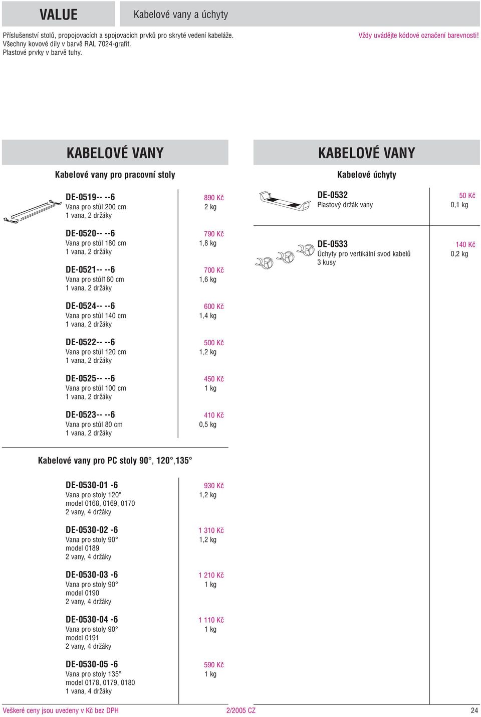 DE-0521-- --6 Vana pro stûl1 cm 7 Kã 1,8 kg 700 Kã 1,6 kg DE-0533 Úchyty pro vertikální svod kabelû 3 kusy 140 Kã 0,2 kg DE-0524-- --6 Vana pro stûl 140 cm 0 Kã 1,4 kg DE-0522-- --6 Vana pro stûl cm