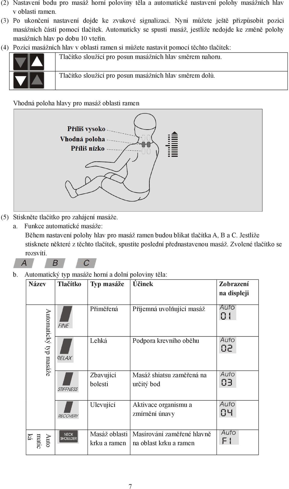 (4) Pozici masážních hlav v oblasti ramen si můžete nastavit pomocí těchto tlačítek: Tlačítko sloužící pro posun masážních hlav směrem nahoru. Tlačítko sloužící pro posun masážních hlav směrem dolů.