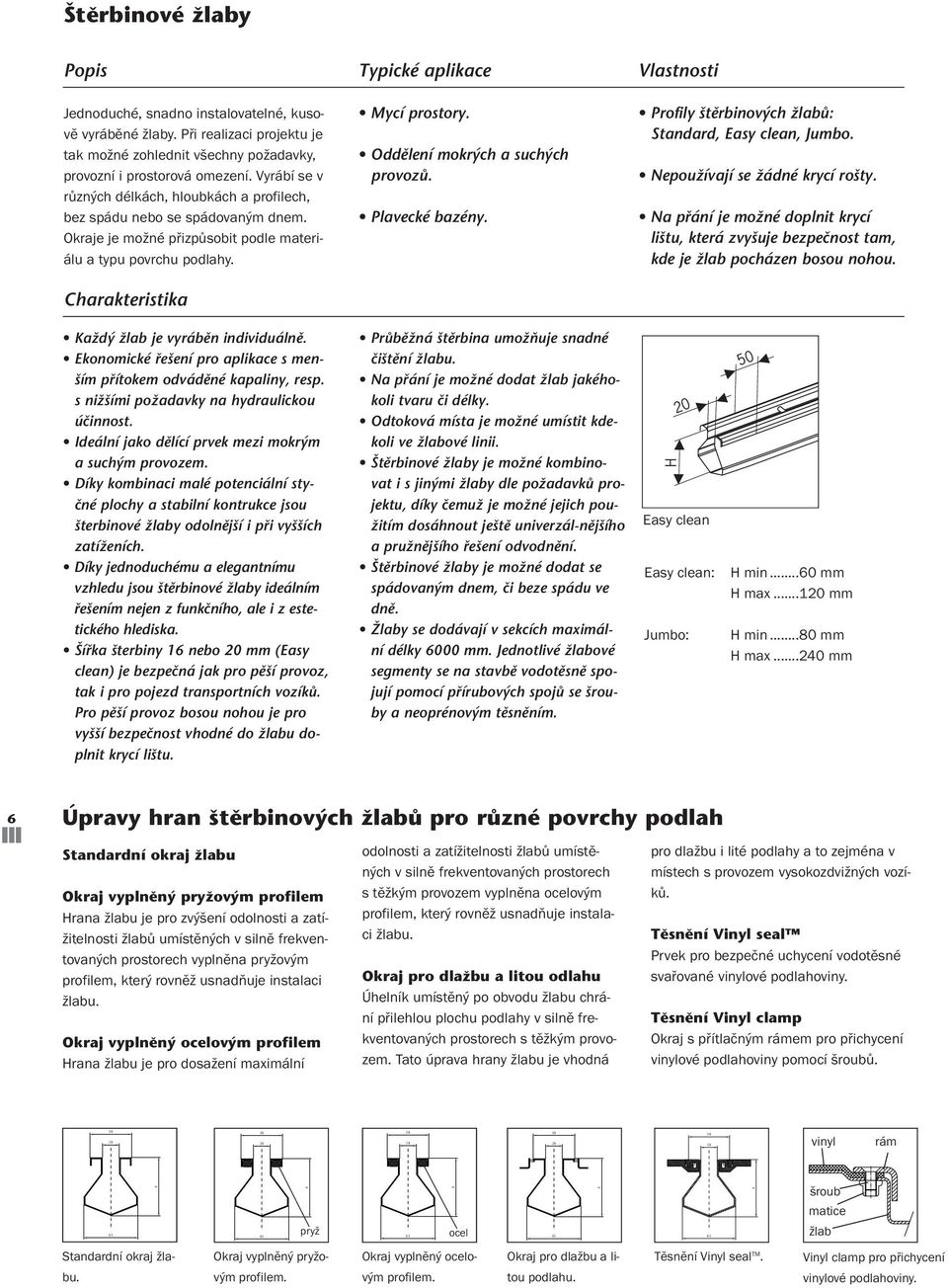 Okraje je možné přizpůsobit podle materiálu a typu povrchu podlahy. Charakteristika Mycí prostory. Oddûlení mokr ch a such ch provozû. Plavecké bazény.