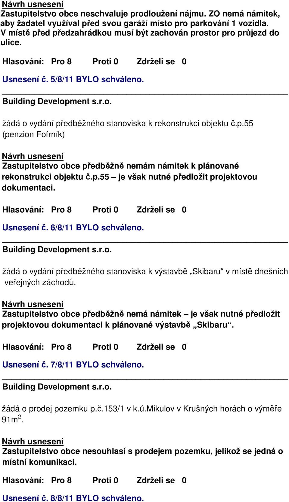 p.55 (penzion Fofrník) Zastupitelstvo obce předběžně nemám námitek k plánované rekonstrukci objektu č.p.55 je však nutné předložit projektovou dokumentaci. Usnesení č. 6/8/11 BYLO schváleno.