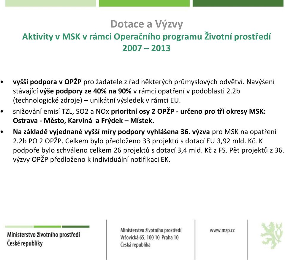 snižování emisí TZL, SO2 a NOx prioritní osy 2 OPŽP - určeno pro tři okresy MSK: Ostrava - Město, Karviná a Frýdek Místek. Na základě vyjednané vyšší míry podpory vyhlášena 36.