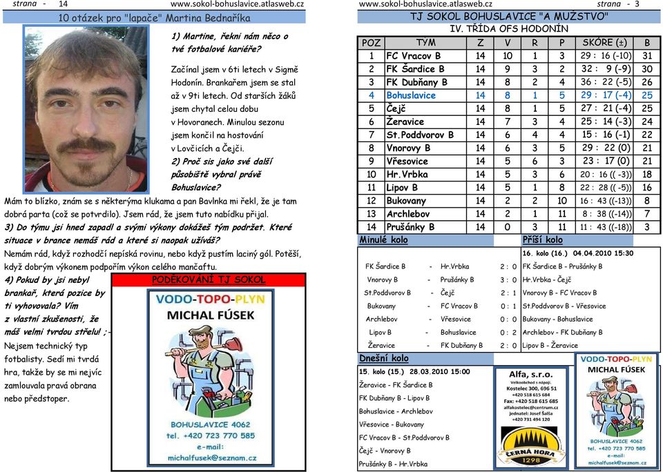 1 FC Vracov B 14 1 1 3 29 : 16 (-1) 31 Začínal jsem v6ti letech vsigmě 2 FK Šardice B 14 9 3 2 32 : 9 (-9) 3 Hodonín. Brankařem jsem se stal 3 FK Dubňany B 14 8 2 4 36 : 22 (-5) 26 až v9ti letech.