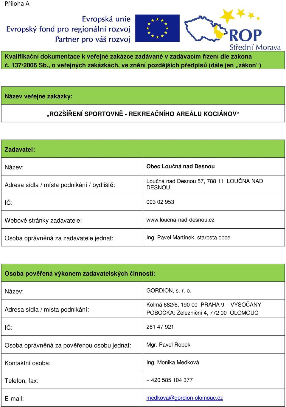 bydliště: Obec Loučná nad Desnou Loučná nad Desnou 57, 788 11 LOUČNÁ NAD DESNOU IČ: 003 02 953 Webové stránky zadavatele: www.loucna-nad-desnou.cz Osoba oprávněná za zadavatele jednat: Ing.