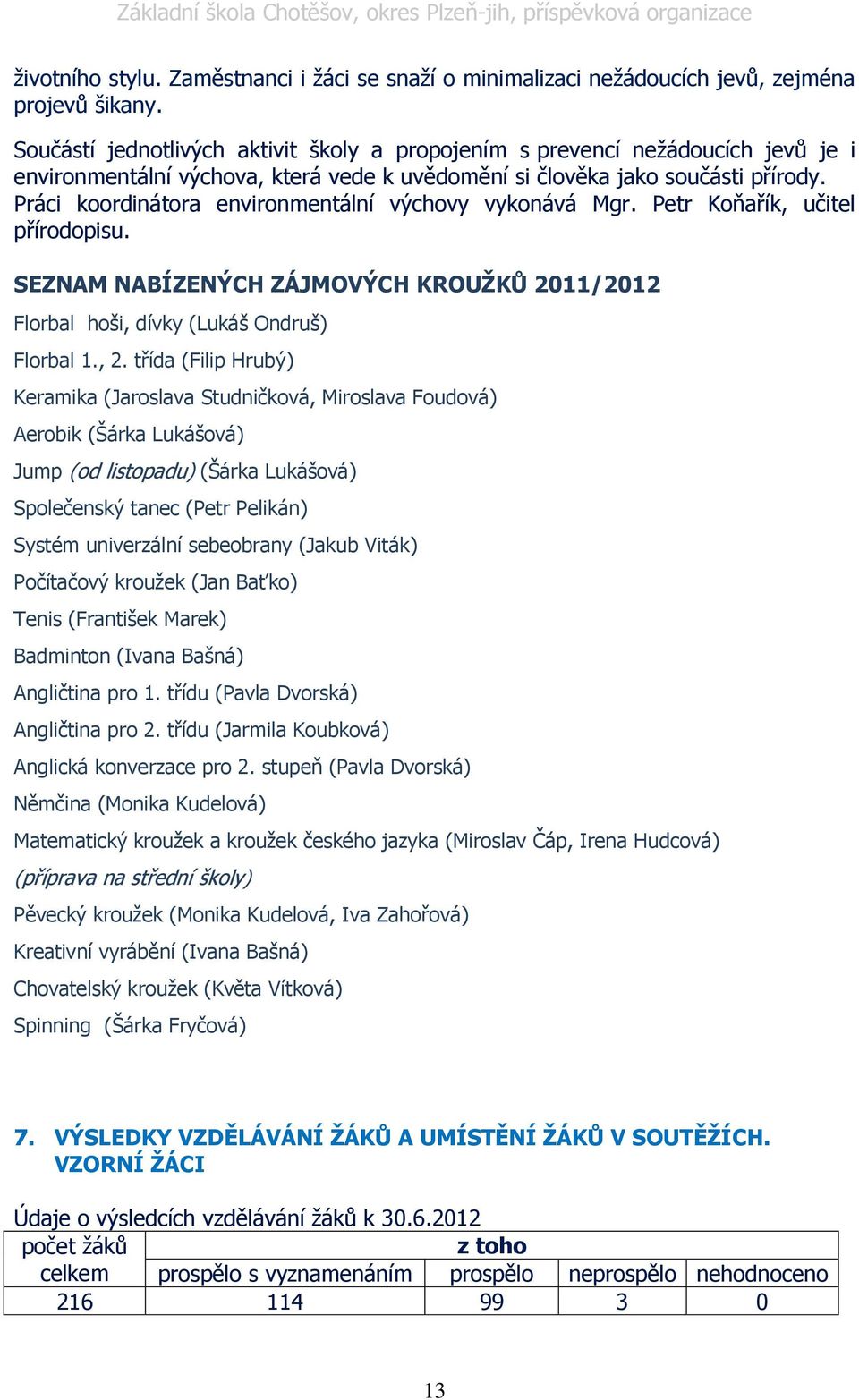 Práci koordinátora environmentální výchovy vykonává Mgr. Petr Koňařík, učitel přírodopisu. SEZNAM NABÍZENÝCH ZÁJMOVÝCH KROUŢKŮ 2011/2012 Florbal hoši, dívky (Lukáš Ondruš) Florbal 1., 2.