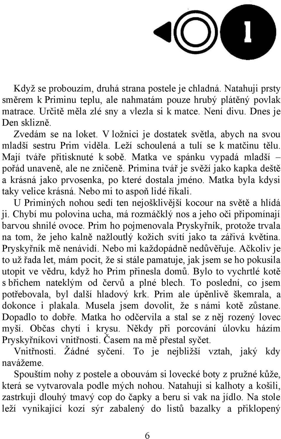 Matka ve spánku vypadá mladší pořád unaveně, ale ne zničeně. Primina tvář je svěží jako kapka deště a krásná jako prvosenka, po které dostala jméno. Matka byla kdysi taky velice krásná.