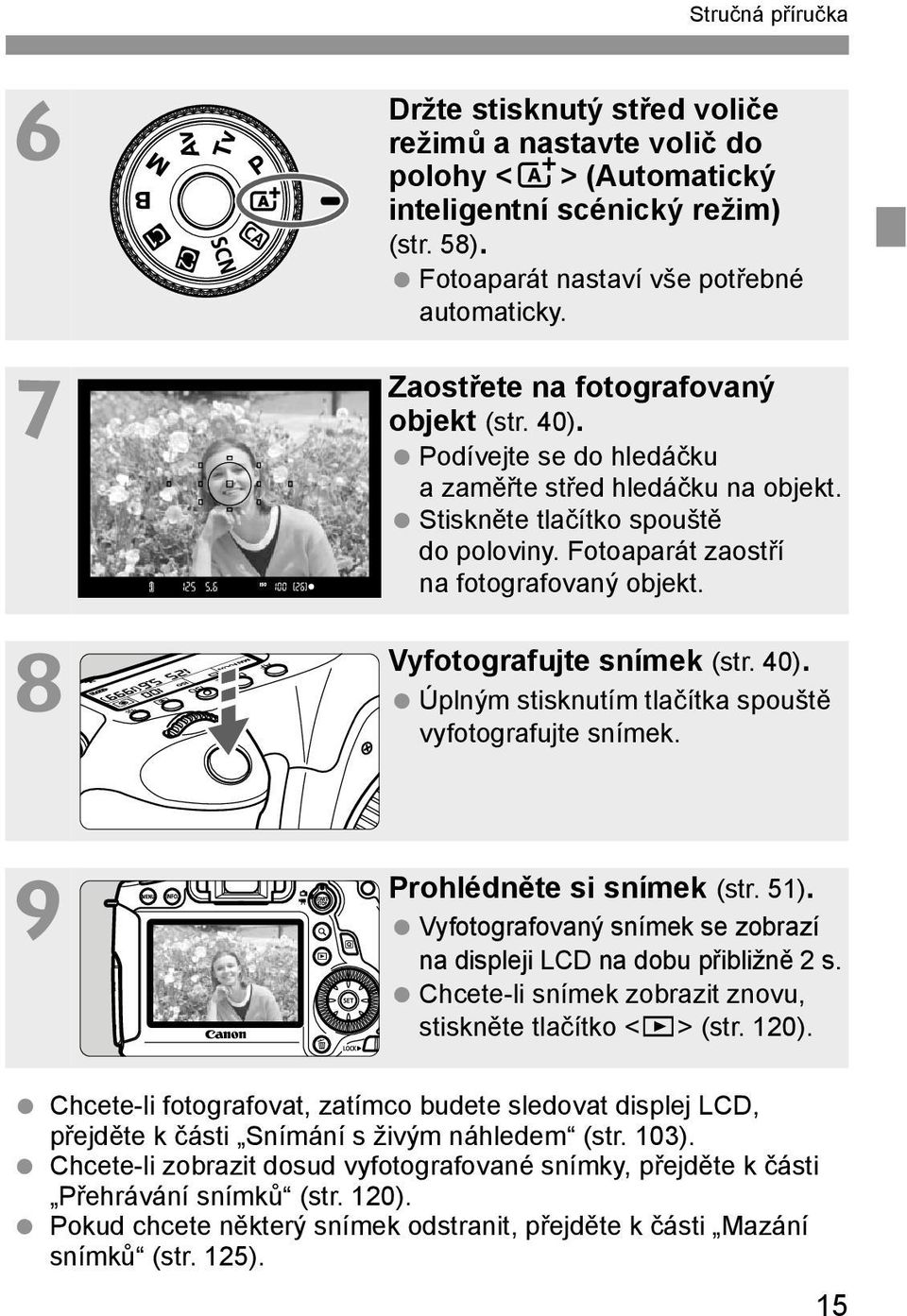 Vyfotografujte snímek (str. 40). Úplným stisknutím tlačítka spouště vyfotografujte snímek. Prohlédněte si snímek (str. 51). Vyfotografovaný snímek se zobrazí na displeji LCD na dobu přibližně 2s.