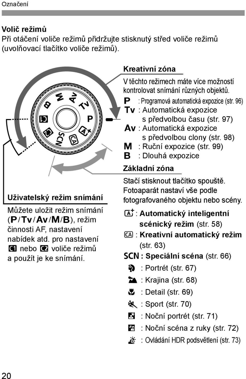 Kreativní zóna Vtěchto režimech máte více možností kontrolovat snímání různých objektů. d : Programová automatická expozice (str. 96) s : Automatická expozice spředvolbou času (str.