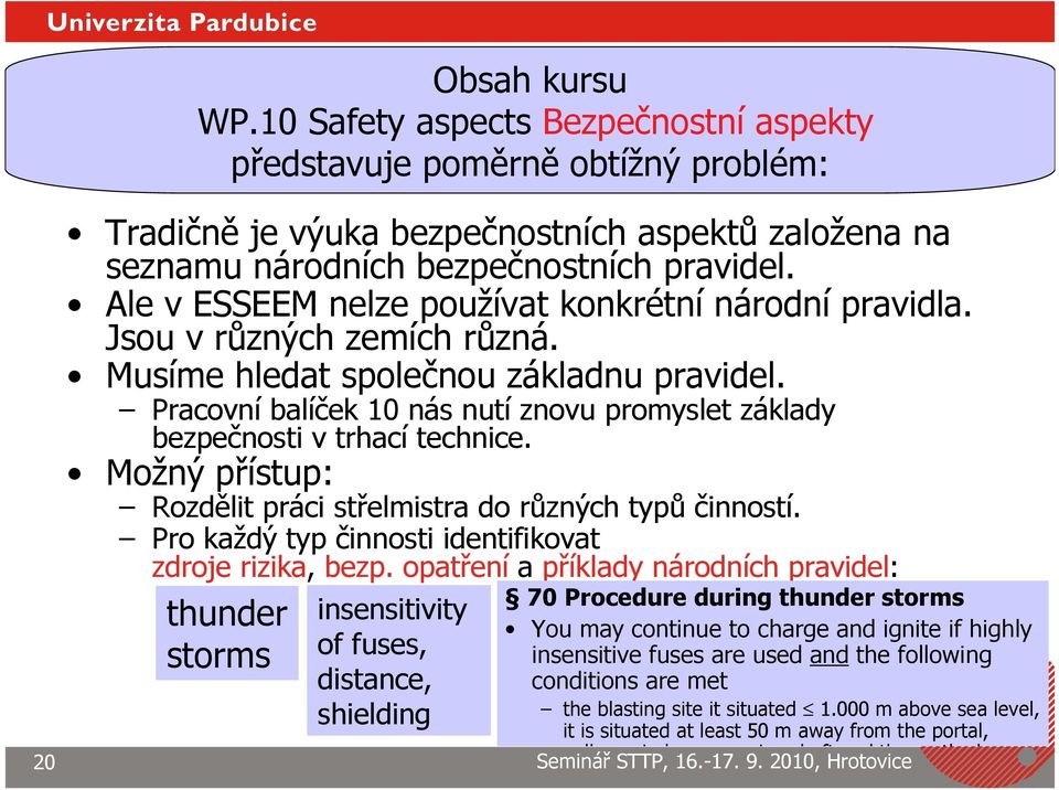 Pracovní balíček 10 nás nutí znovu promyslet základy bezpečnosti v trhací technice. Možný přístup: Rozdělit práci střelmistra do různých typů činností.