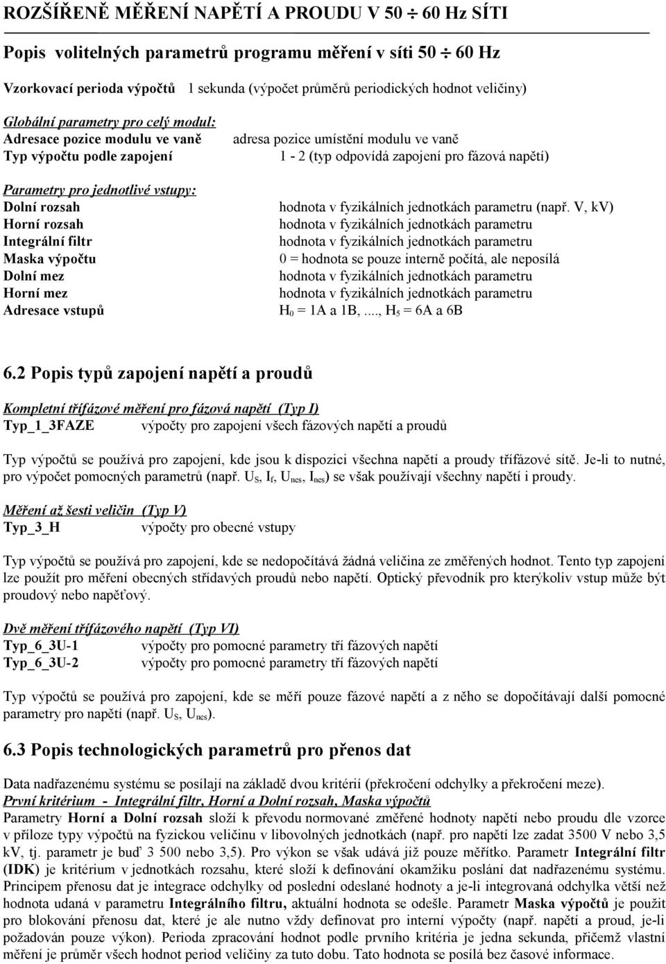 dresace vstupů adresa pozice umístění modulu ve vaně 1 - (typ odpovídá zapojení pro fázová napětí) hodnota v fyzikálních jednotkách parametru (např.