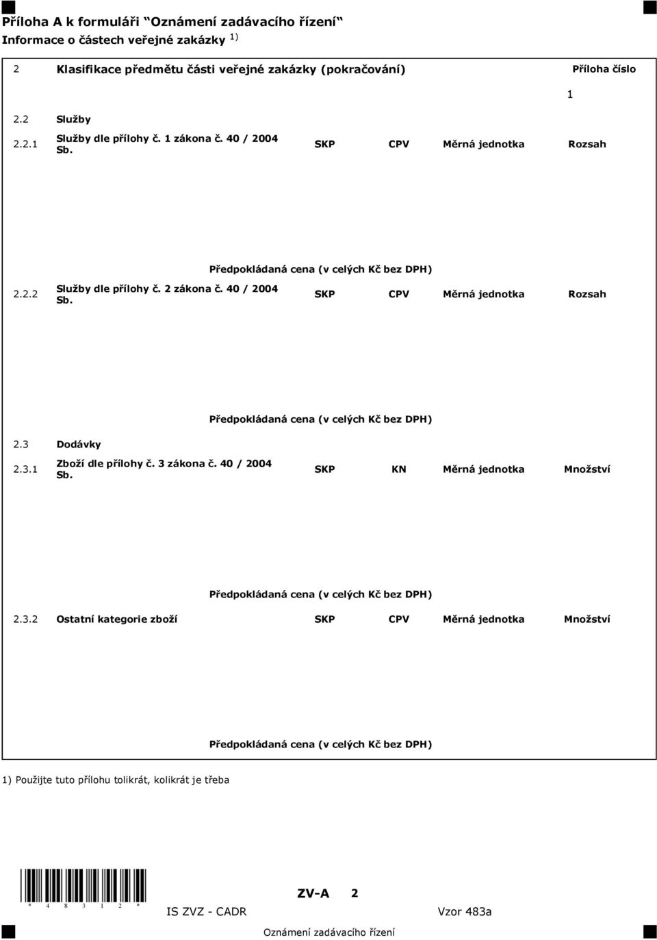 40 / 2004 Sb. SKP CPV M rná jednotka Rozsah 2.3 Dodávky 2.3.1 Zbo í dle p ílohy. 3 zákona. 40 / 2004 Sb.