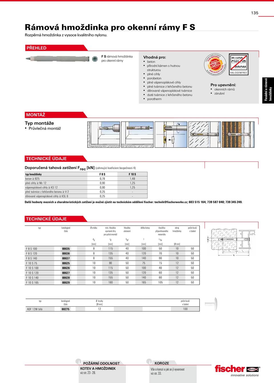 tvárnice duté tvárnice z lehčeného betonu porotherm Pro upevnění: okenních rámů zárubní Typ e Průvlečná Doporučená tahová zatížení F rec [kn] (zahrnující koeficient bezpečnosti 4) F 8 S F S beton B25