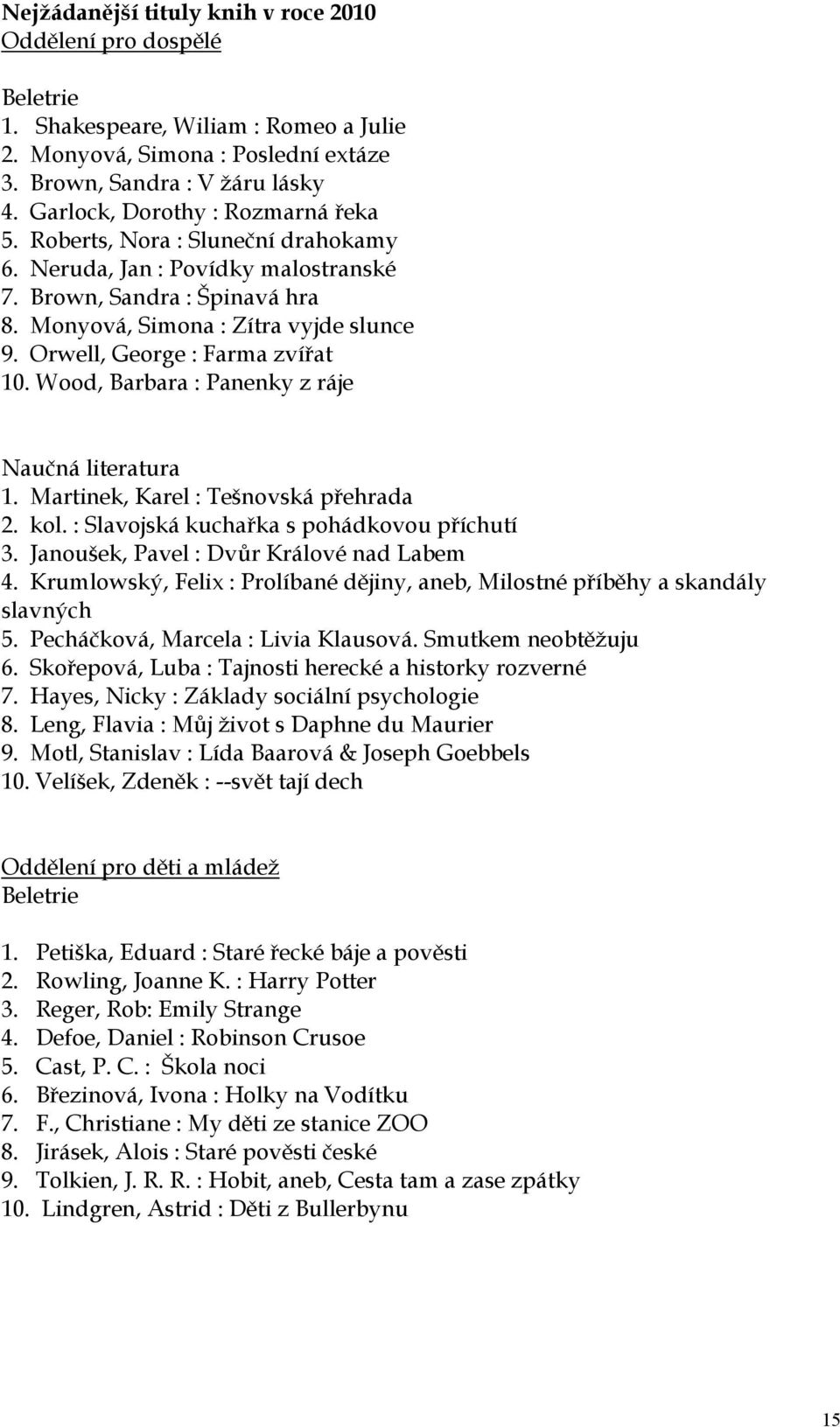 Orwell, George : Farma zvířat 10. Wood, Barbara : Panenky z ráje Naučná literatura 1. Martinek, Karel : Tešnovská přehrada 2. kol. : Slavojská kuchařka s pohádkovou příchutí 3.