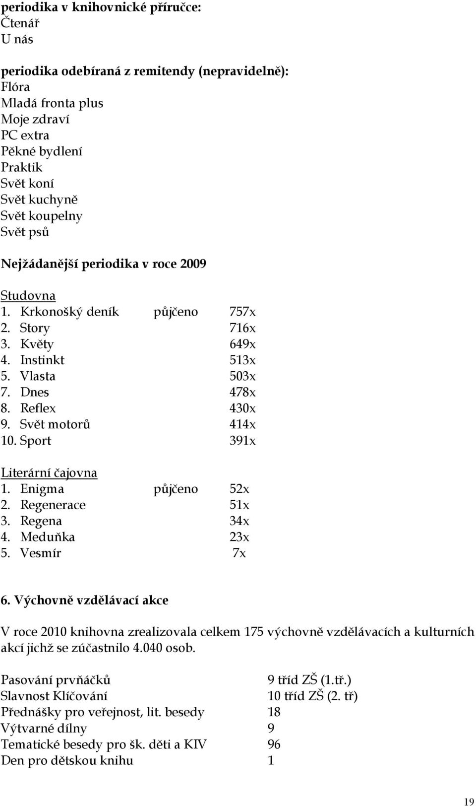 Sport 391x Literární čajovna 1. Enigma půjčeno 52x 2. Regenerace 51x 3. Regena 34x 4. Meduňka 23x 5. Vesmír 7x 6.