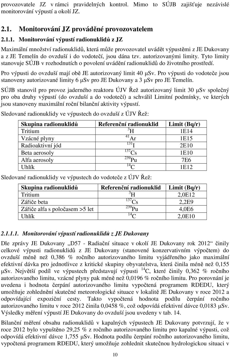1. Monitorování výpustí radionuklidů z JZ Maximální množství radionuklidů, která může provozovatel uvádět výpustěmi z JE Dukovany a z JE Temelín do ovzduší i do vodotečí, jsou dána tzv.