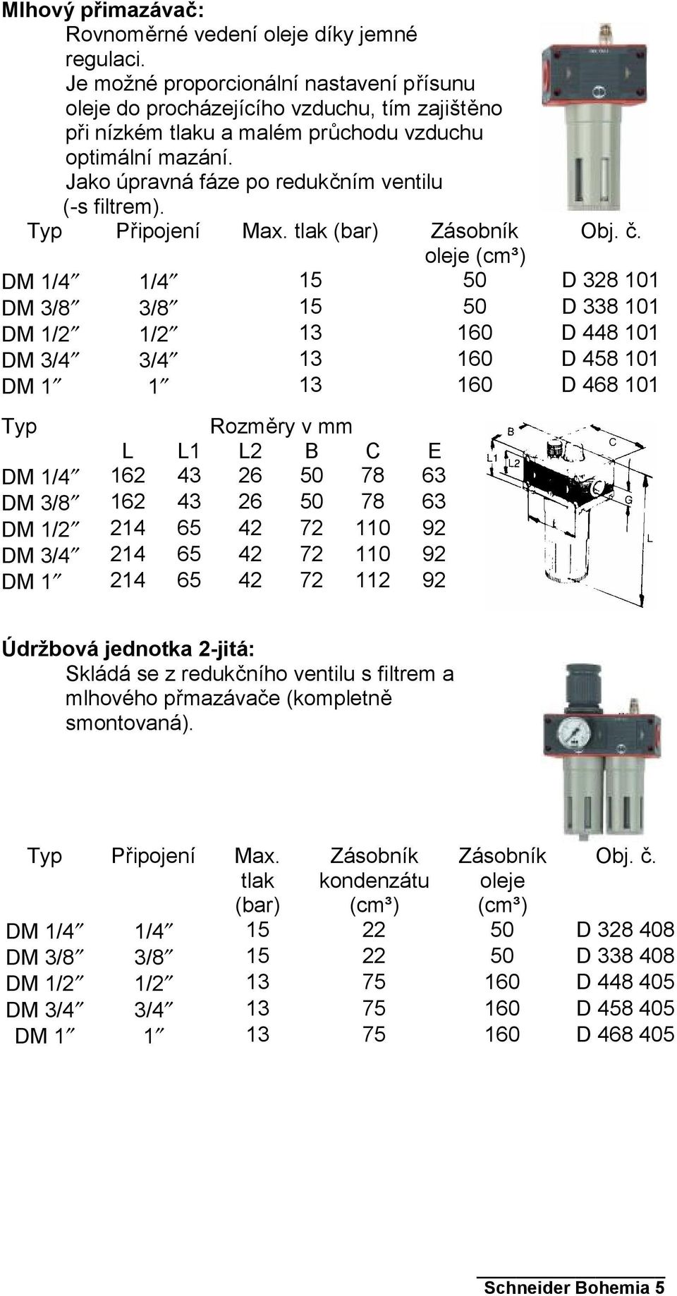 Jako úpravná fáze po redukčním ventilu (-s filtrem). Typ Připojení Max. tlak (bar) Zásobník Obj. č.