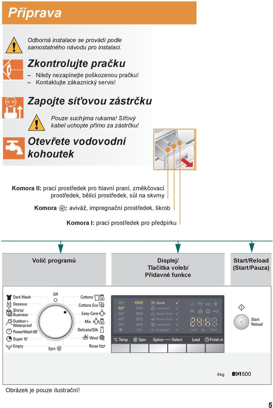 Otevřete vodovodní kohoutek Komora II: prací prostředek pro hlavní praní, změkčovací prostředek, bělicí prostředek, sůl na skvrny Komora : aviváž,