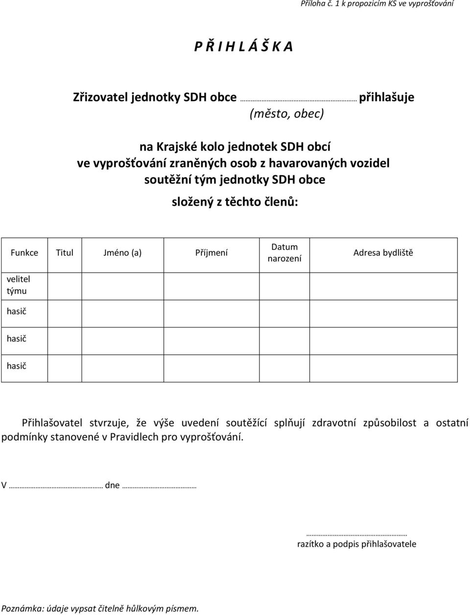 vyprošťování zraněných osob z havarovaných vozidel soutěžní tým jednotky SDH obce složený z těchto členů: Funkce Titul Jméno (a) Příjmení velitel