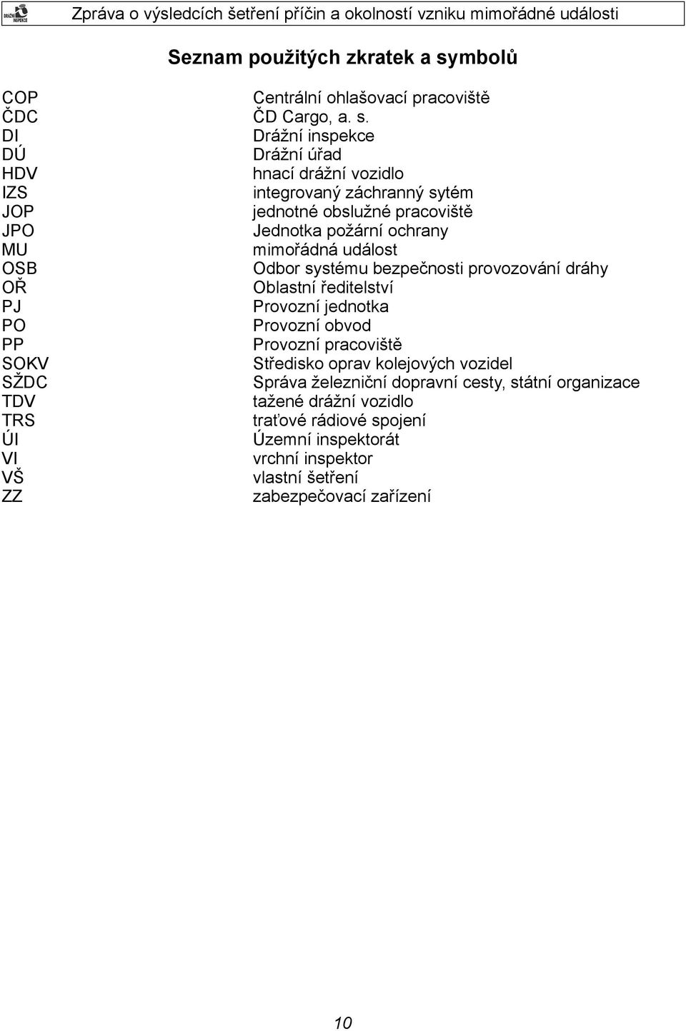 DI Drážní inspekce DÚ Drážní úřad HDV hnací drážní vozidlo IZS integrovaný záchranný sytém JOP jednotné obslužné pracoviště JPO Jednotka požární ochrany MU