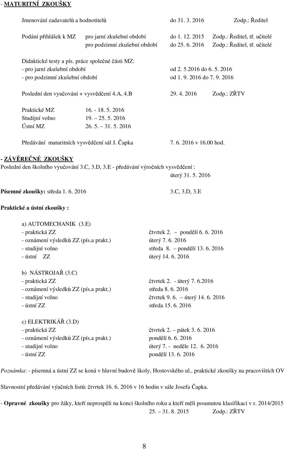 2016 do 6. 5. 2016 - pro podzimní zkušební období od 1. 9. 2016 do 7. 9. 2016 Poslední den vyučování + vysvědčení 4.A, 4.B 29. 4. 2016 Zodp.: ZŘTV Praktické MZ 16. - 18. 5. 2016 Studijní volno 19. 25.