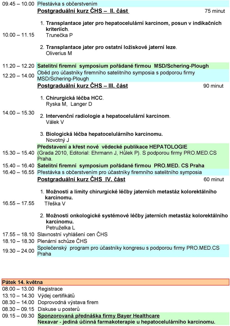 20 Satelitní firemní symposium pořádané firmou MSD/Schering-Plough Oběd pro účastníky firemního satelitního symposia s podporou firmy 12.20 14.00 MSD/Schering-Plough Postgraduální kurz ČHS III.