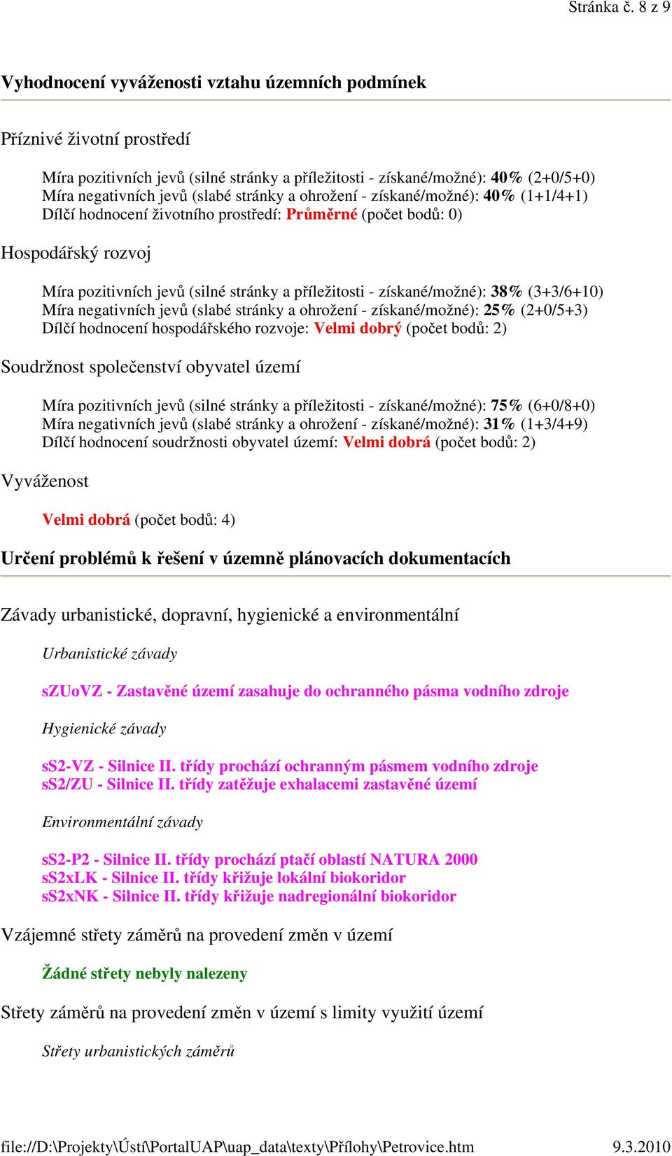 stránky a ohrožení - získané/možné): 40% (1+1/4+1) Dílčí hodnocení životního prostředí: Průměrné (počet bodů: 0) Hospodářský rozvoj Míra pozitivních jevů (silné stránky a příležitosti -