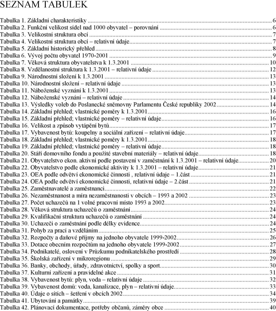 Vzdělanostní struktura k 1.3.2001 relativní údaje... 12 Tabulka 9. Národnostní složení k 1.3.2001... 13 Tabulka 10. Národnostní složení relativní údaje... 13 Tabulka 11. Náboženské vyznání k 1.3.2001... 13 Tabulka 12.