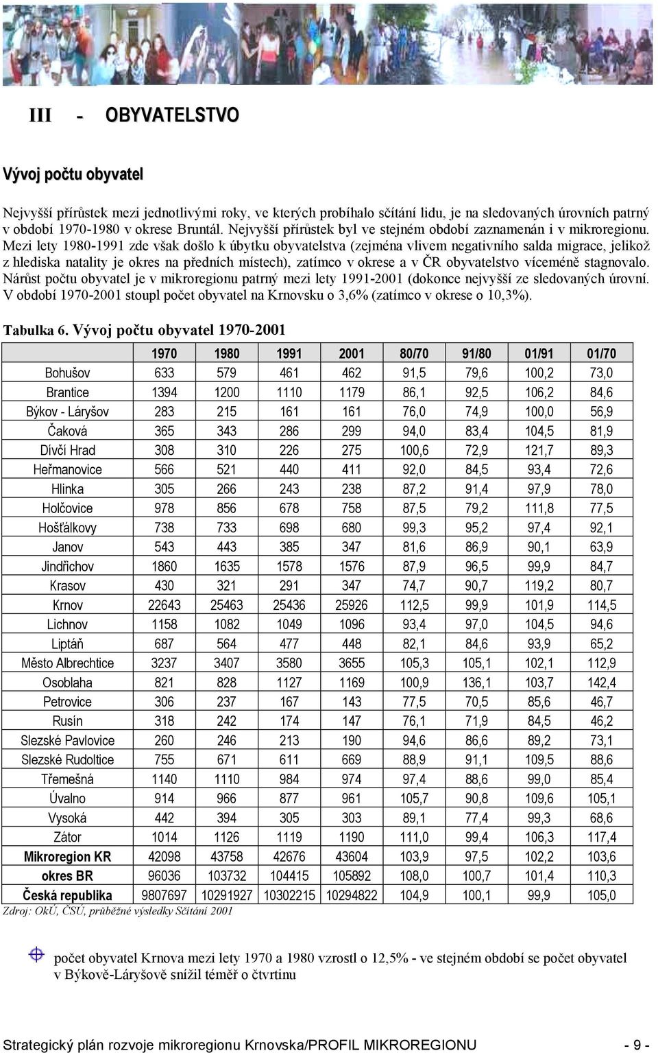 Mezi lety 1980-1991 zde však došlo k úbytku obyvatelstva (zejména vlivem negativního salda migrace, jelikož z hlediska natality je okres na předních místech), zatímco v okrese a v ČR obyvatelstvo