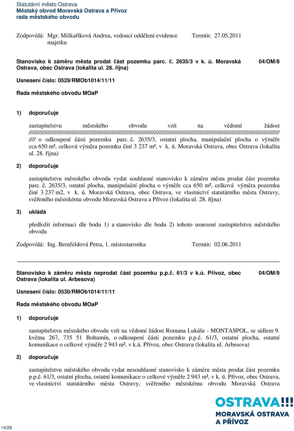 října) 04/OM/8 Usnesení číslo: 0529/RMOb1014/11/11 1) doporučuje zastupitelstvu městského obvodu vzít na vědomí žádost