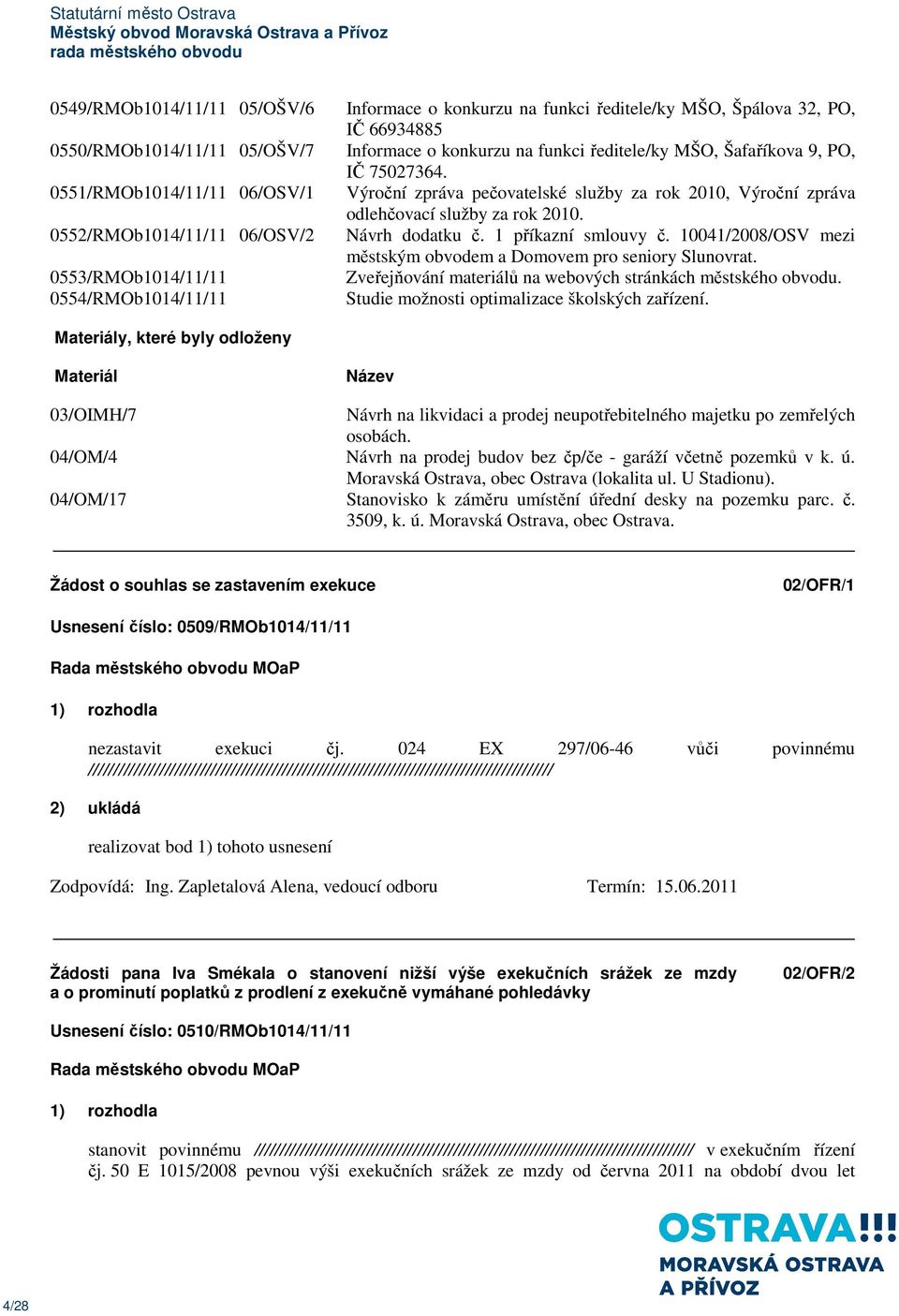 Výroční zpráva pečovatelské služby za rok 2010, Výroční zpráva odlehčovací služby za rok 2010. Návrh dodatku č. 1 příkazní smlouvy č.