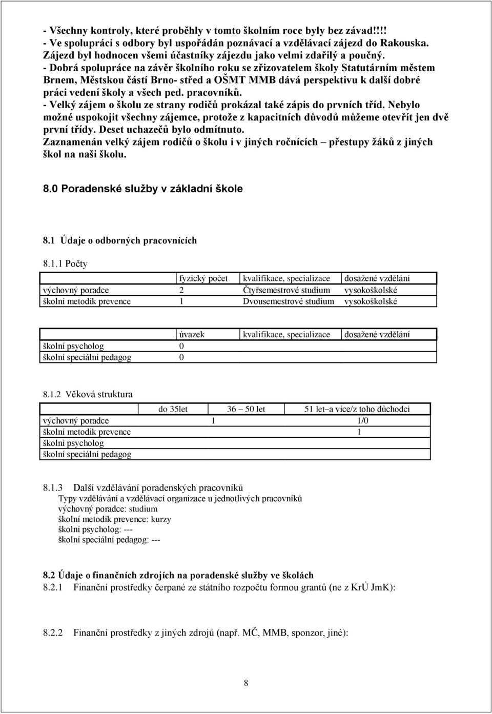 - Dobrá spolupráce na závěr školního roku se zřizovatelem školy Statutárním městem Brnem, Městskou částí Brno- střed a OŠMT MMB dává perspektivu k další dobré práci vedení školy a všech ped.