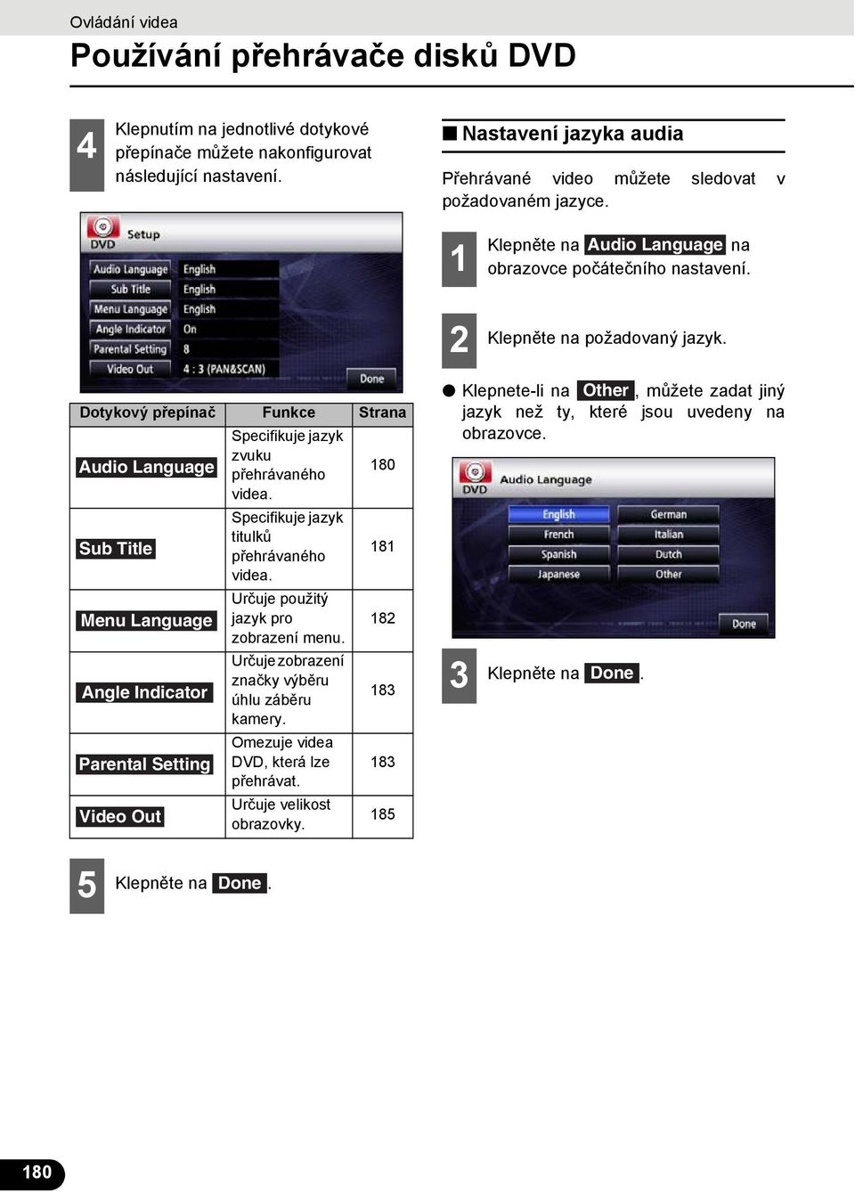 80 Sub Title Menu Language Angle Indicator Parental Setting Video Out Specifikuje jazyk titulků přehrávaného videa. Určuje použitý jazyk pro zobrazení menu.
