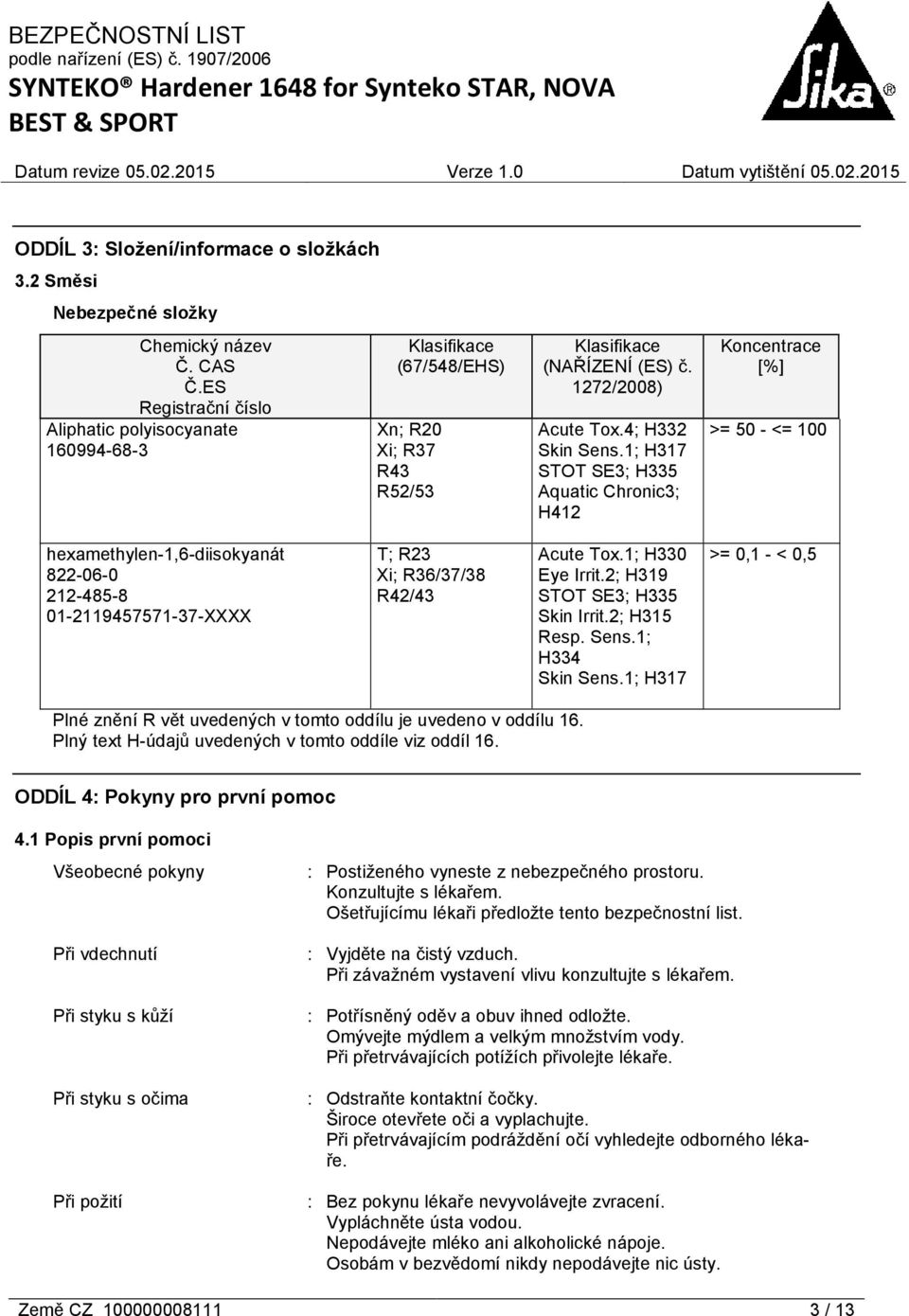 1; H317 STOT SE3; H335 Aquatic Chronic3; H412 Koncentrace [%] >= 50 - <= 100 hexamethylen-1,6-diisokyanát 822-06-0 212-485-8 01-2119457571-37-XXXX T; R23 Xi; R36/37/38 R42/43 Acute Tox.