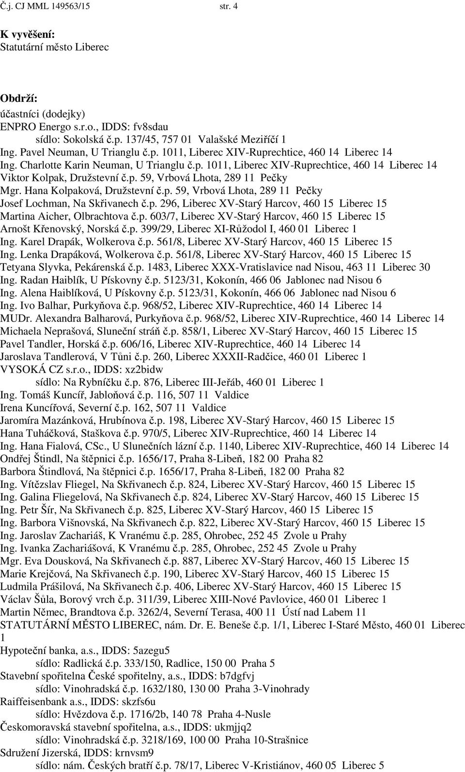 Hana Kolpaková, Družstevní.p. 59, Vrbová Lhota, 289 11 Pe ky Josef Lochman, Na Sk ivanech.p. 296, Liberec XV-Starý Harcov, 460 15 Liberec 15 Martina Aicher, Olbrachtova.p. 603/7, Liberec XV-Starý Harcov, 460 15 Liberec 15 Arnošt K enovský, Norská.