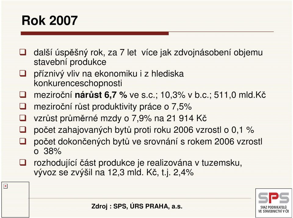 kč meziroční růst produktivity práce o 7,5% vzrůst průměrné mzdy o 7,9% na 21 914 Kč počet zahajovaných bytů proti roku vzrostl o