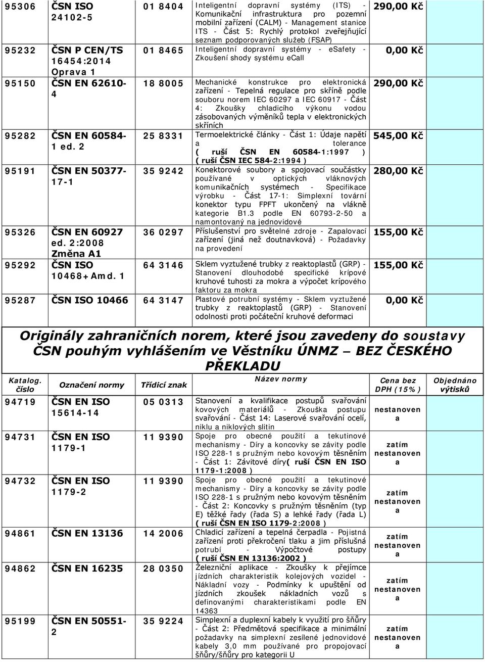 01 8465 Inteligentní doprvní systémy - esfety - Zkoušení shody systému ecll 18 8005 Mechnické konstrukce pro elektronická zřízení - Tepelná regulce pro skříně podle souboru norem IEC 6097 IEC 60917 -