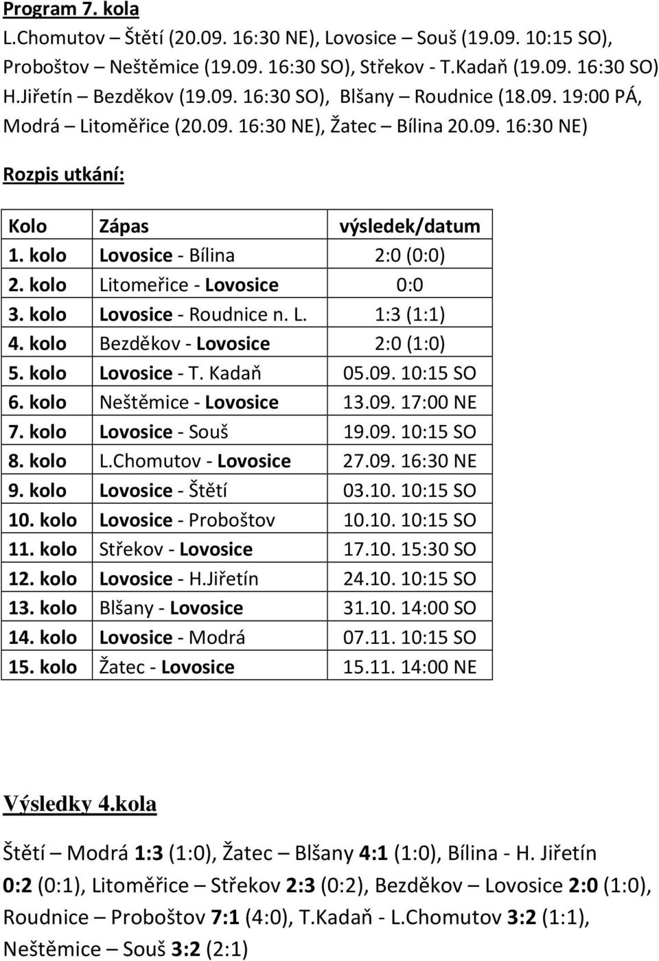 kolo Lovosice - Roudnice n. L. 1:3 (1:1) 4. kolo Bezděkov - Lovosice 2:0 (1:0) 5. kolo Lovosice - T. Kadaň 05.09. 10:15 SO 6. kolo Neštěmice - Lovosice 13.09. 17:00 NE 7. kolo Lovosice - Souš 19.09. 10:15 SO 8.