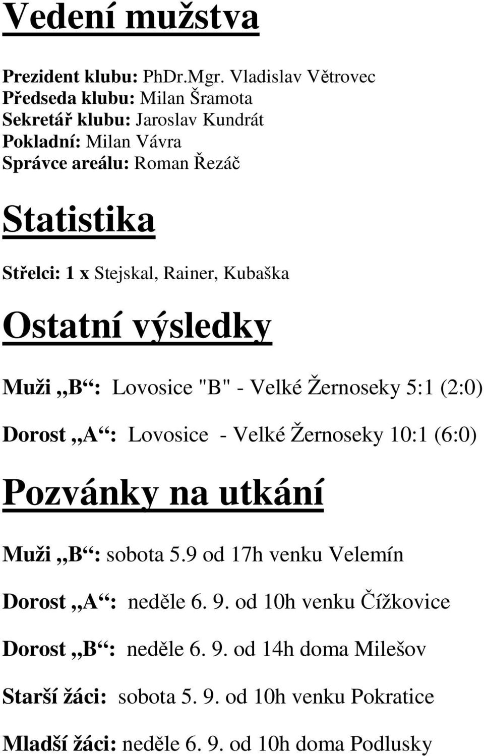 Střelci: 1 x Stejskal, Rainer, Kubaška Ostatní výsledky Muži B : Lovosice "B" - Velké Žernoseky 5:1 (2:0) Dorost A : Lovosice - Velké Žernoseky