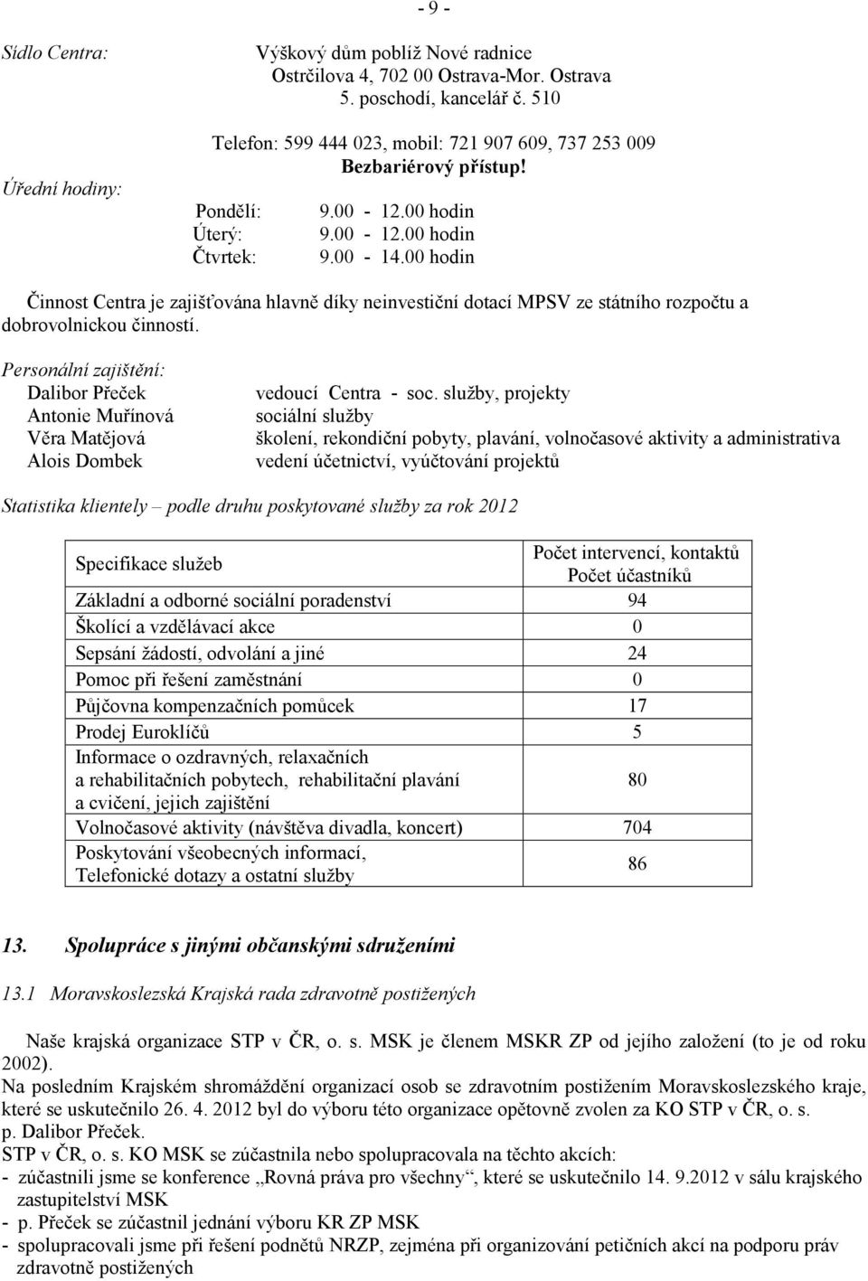 00 hodin Činnost Centra je zajišťována hlavně díky neinvestiční dotací MPSV ze státního rozpočtu a dobrovolnickou činností.