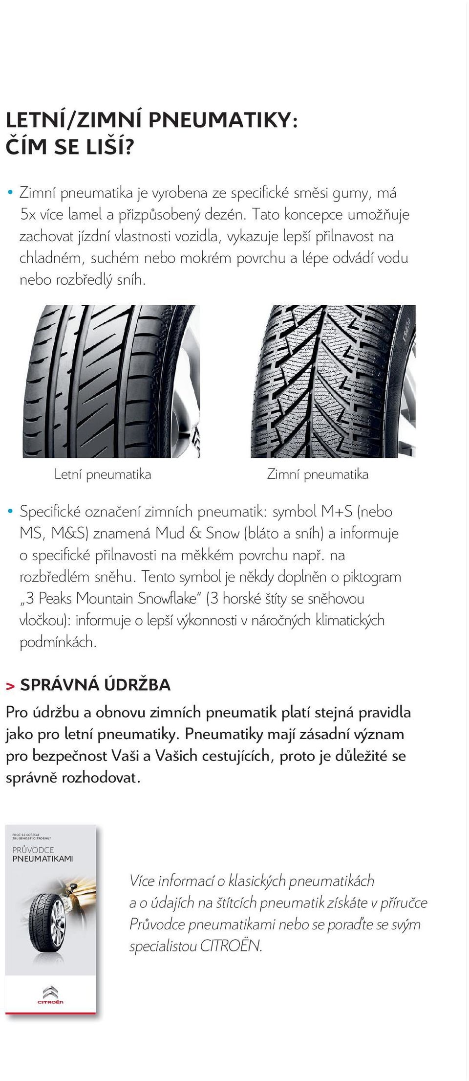 Letní pneumatika Zimní pneumatika Specifické označení zimních pneumatik: symbol M+S (nebo MS, M&S) znamená Mud & Snow (bláto a sníh) a informuje o specifické přilnavosti na měkkém povrchu např.