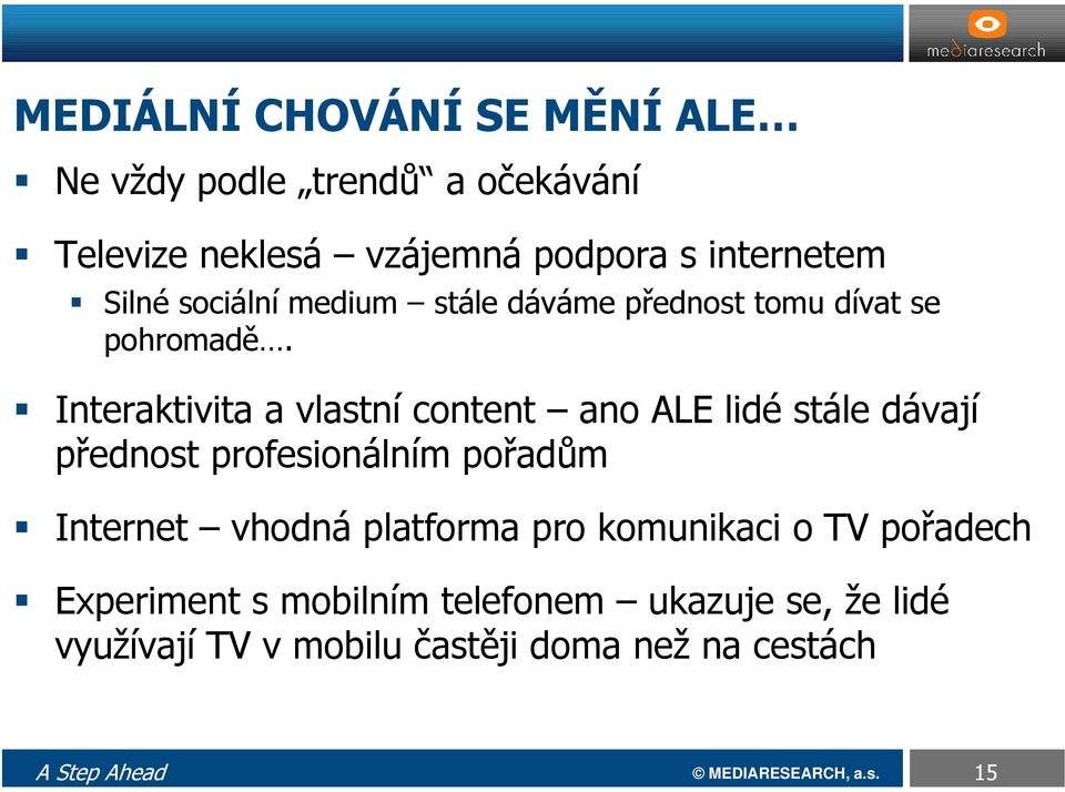 Interaktivita a vlastní content ano ALE lidé stále dávají přednost profesionálním pořadům Internet vhodná